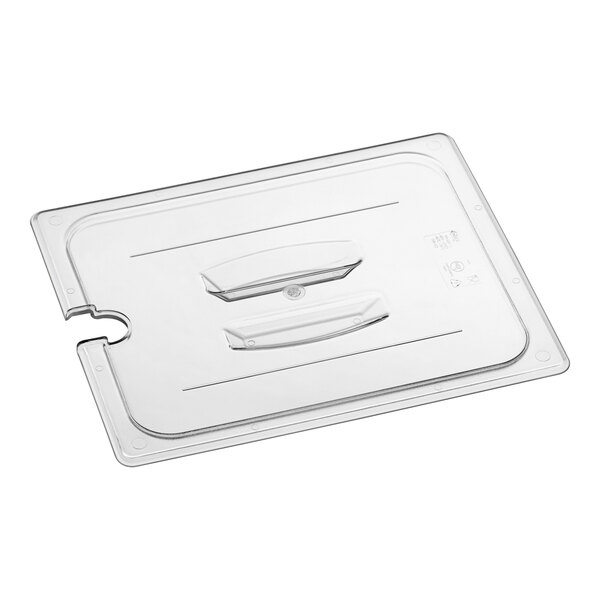 A clear polycarbonate food pan lid with a notch and handle.