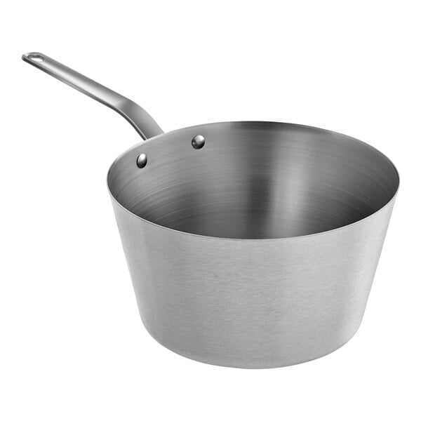 A close-up of a Vollrath stainless steel saucepan with a plated handle.