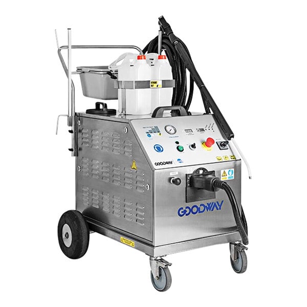 A Goodway heavy duty dry steam cleaner on wheels with a white container and hose.