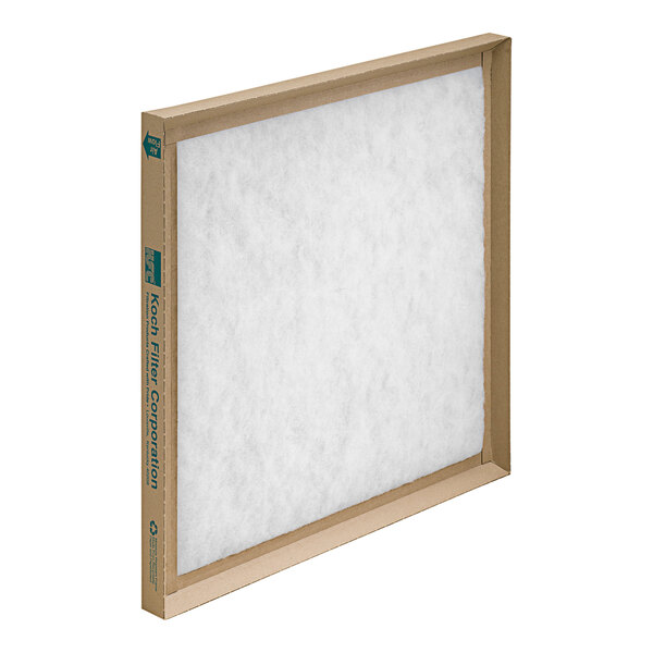 A white Koch fiberglass panel air filter with a brown frame.