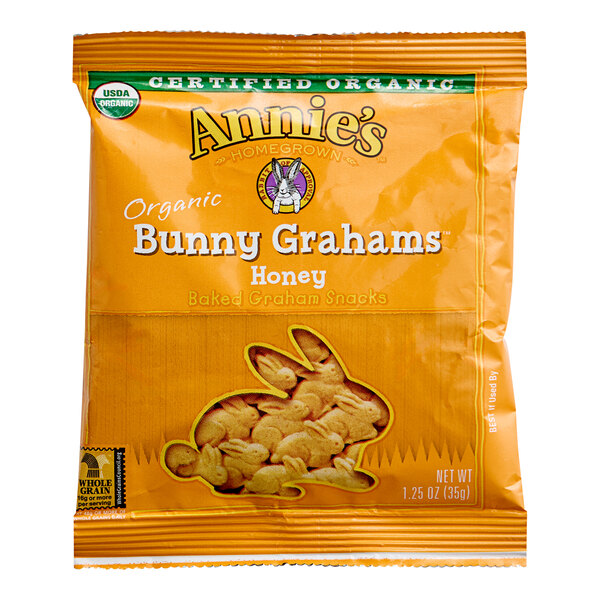 A box of Annie's Organic Honey Bunny Grahams with a rabbit on it.