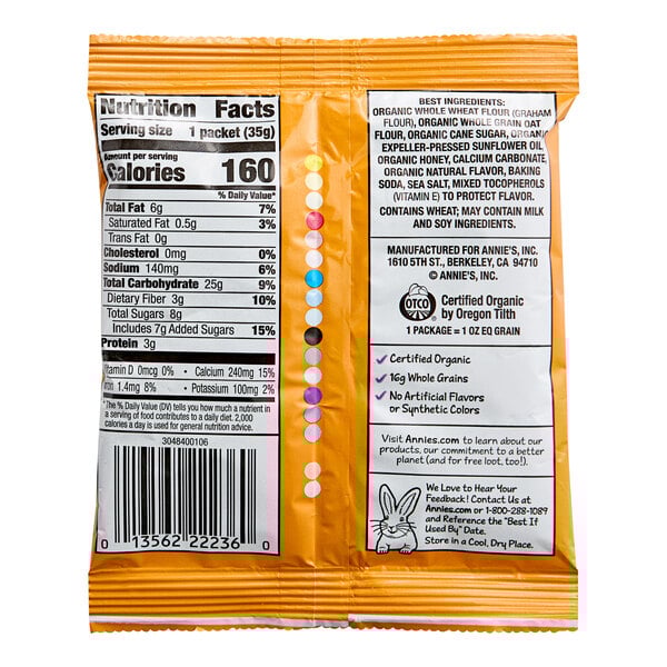 A close up of a case of Annie's Organic Honey Bunny Grahams with a white label.