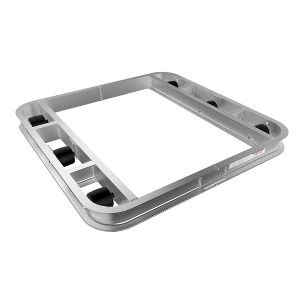 A silver metal square Magliner pallet dolly with black wheels.