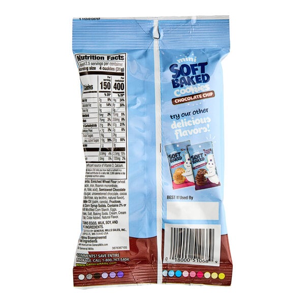 A close-up of a Pillsbury Soft-Baked Mini Chocolate Chip Cookies bag.