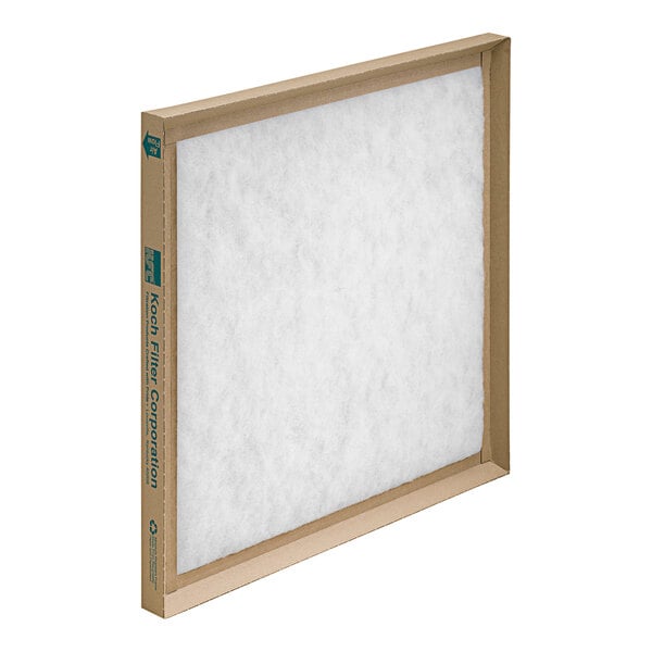 A close-up of a Koch commercial fiberglass panel air filter with a brown frame.