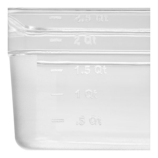 A clear plastic Choice food pan with measurements.
