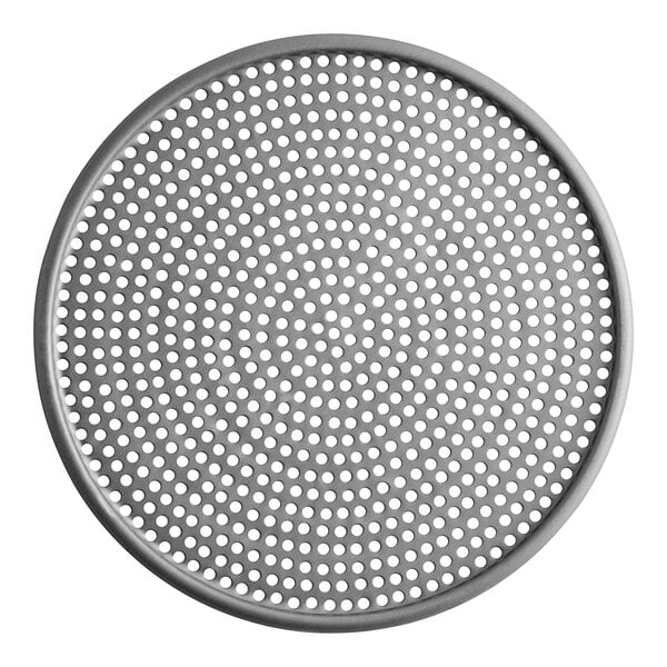 An American Metalcraft hard coat anodized aluminum pizza screen with holes in it.