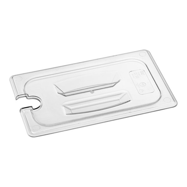 A clear plastic Choice 1/4 Size food pan lid with a handle and notch.