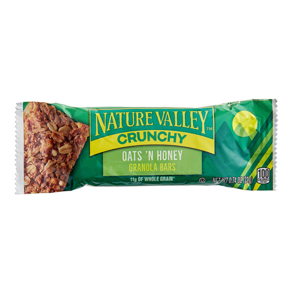 A green and yellow package of Nature Valley Crunchy Granola Bars with a Nature Valley Oats and Honey Crunchy Granola Bar.