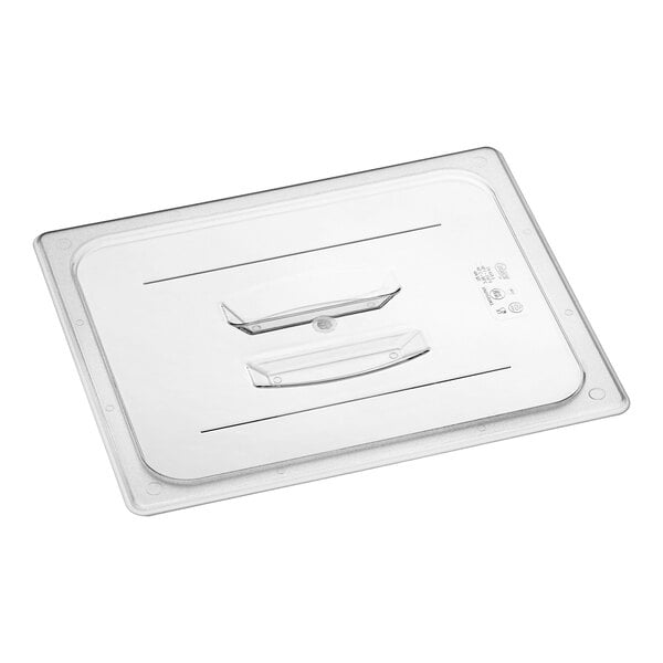 A clear plastic Choice food pan lid with a handle.