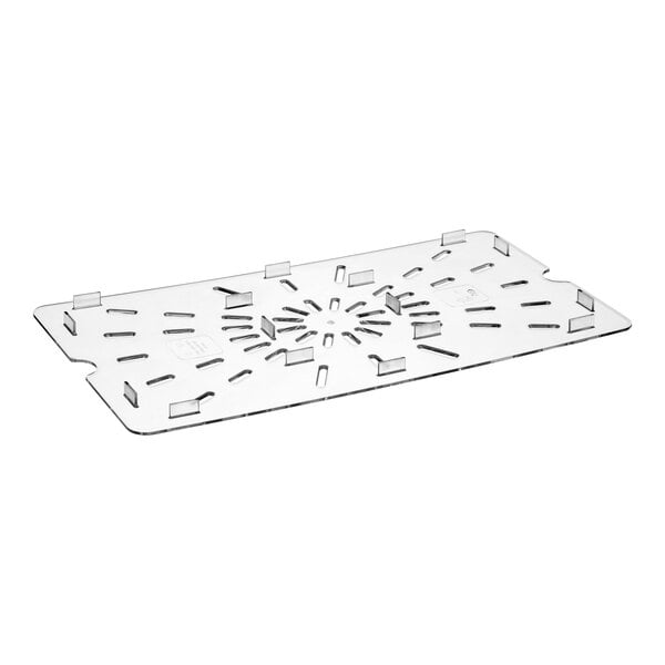 A clear plastic tray with holes.