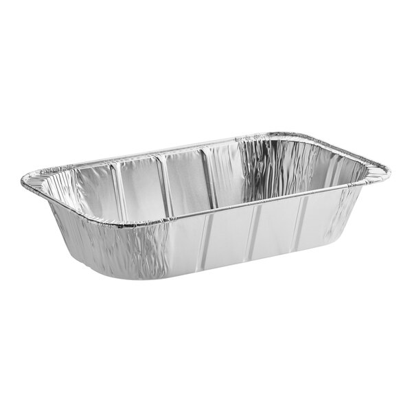 A silver foil tray with a white background.