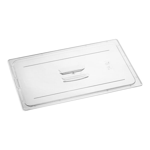A clear plastic lid with a handle on a clear plastic food pan.