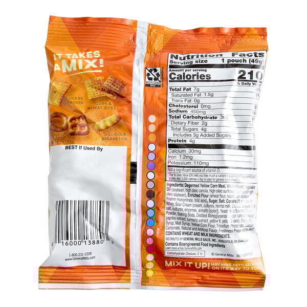 A small bag of Chex Mix Cheddar Snack Mix with nutrition facts and product information on the back.