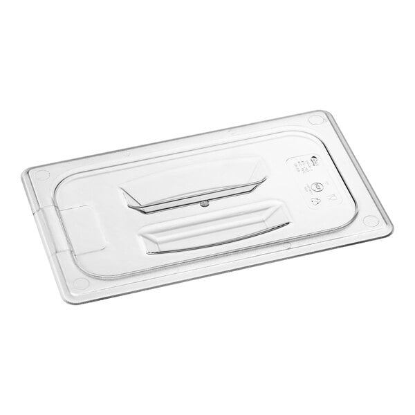 A clear plastic food pan lid with a handle.