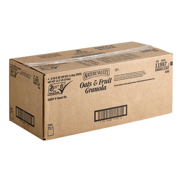 A brown box of Nature Valley Oats and Fruit Granola with black text.