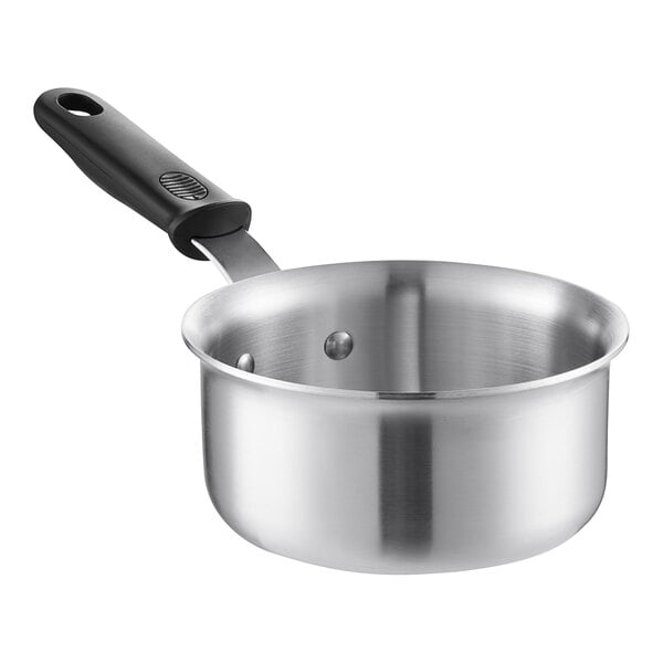 A Vollrath stainless steel sauce pan with a black handle.