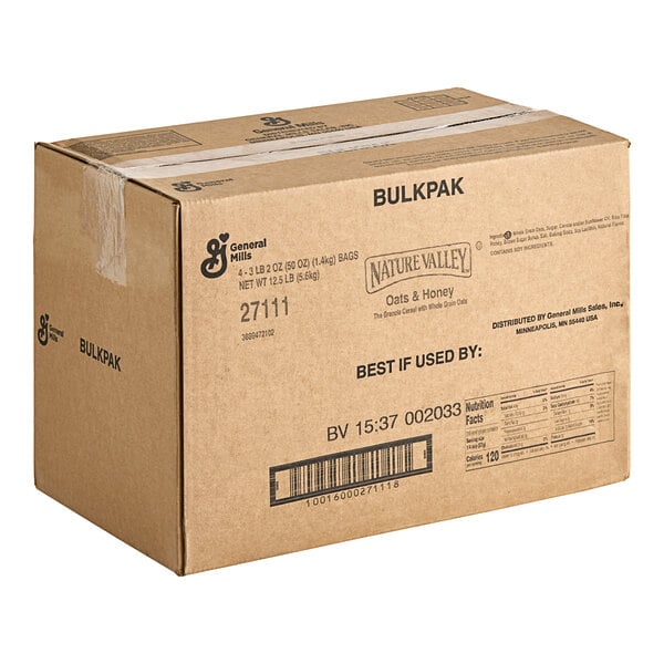 A brown Nature Valley Oats and Honey Granola box with black text.