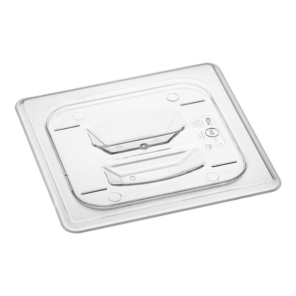 A clear plastic container lid with a handle.