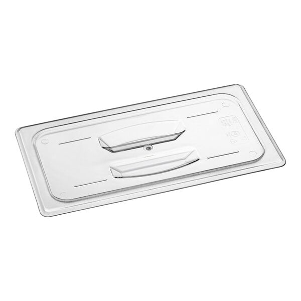 A clear plastic Choice 1/3 Size food pan lid with handles.