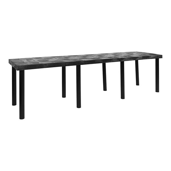 A long black rectangular Benchmaster display table with legs and a black top.