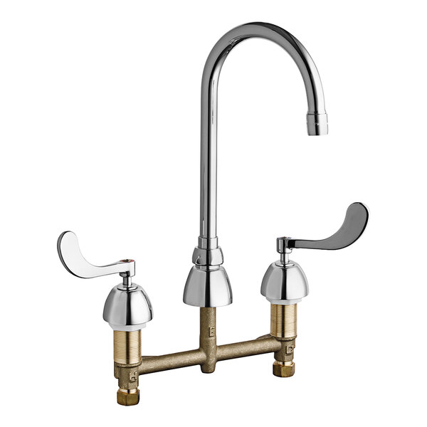 A Chicago Faucets chrome deck-mounted faucet with two handles and a gooseneck spout.