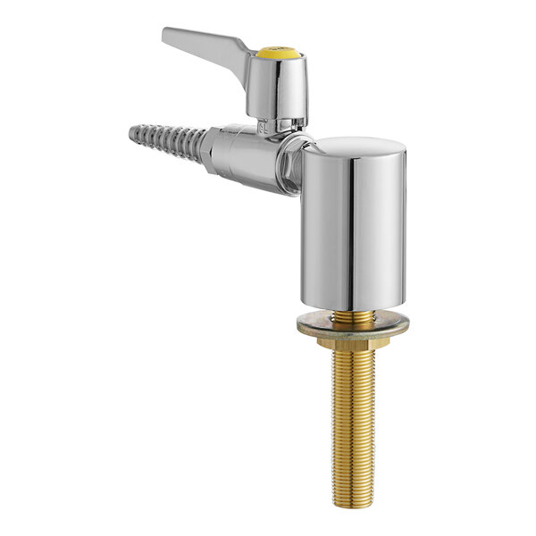 A close-up of a Chicago Faucets deck-mounted laboratory turret with a chrome finish and a yellow index button.