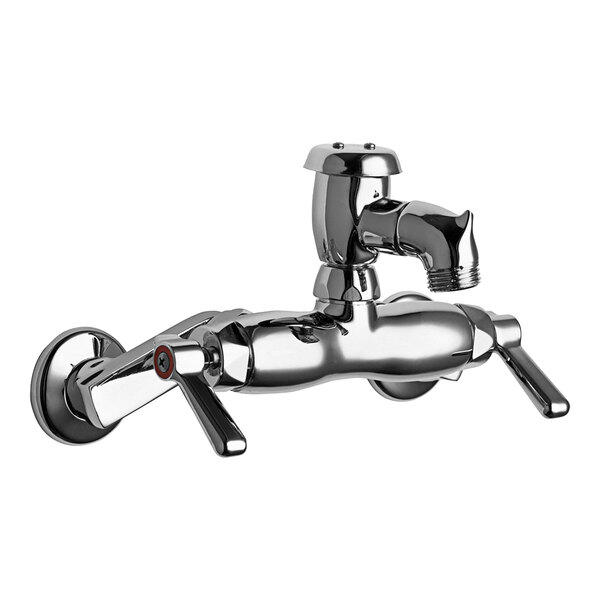 A Chicago Faucets chrome plated wall-mounted mop sink faucet with a handle.