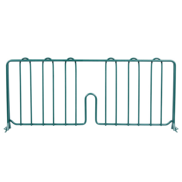 A green metal rack divider with a handle.