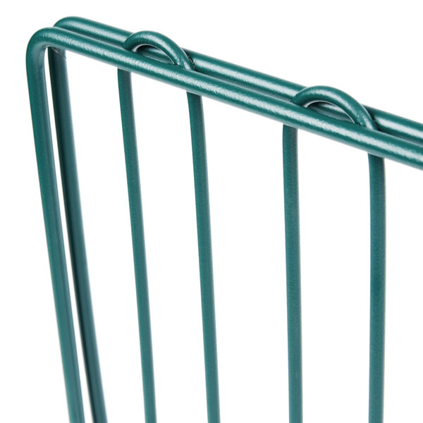 A close-up of a green Metroseal wire shelf divider with two bars.