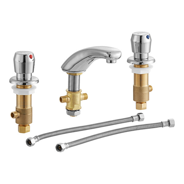 Three Chicago Faucets metering faucets with rigid spouts and adjustable centers on a white background.