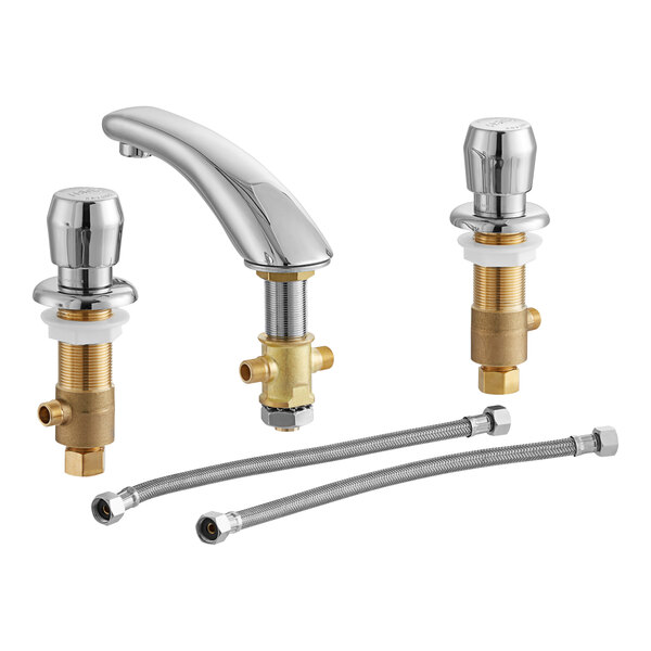 Three Chicago Faucets 404-HZ665ABCP metering faucets with chrome and brass finishes.