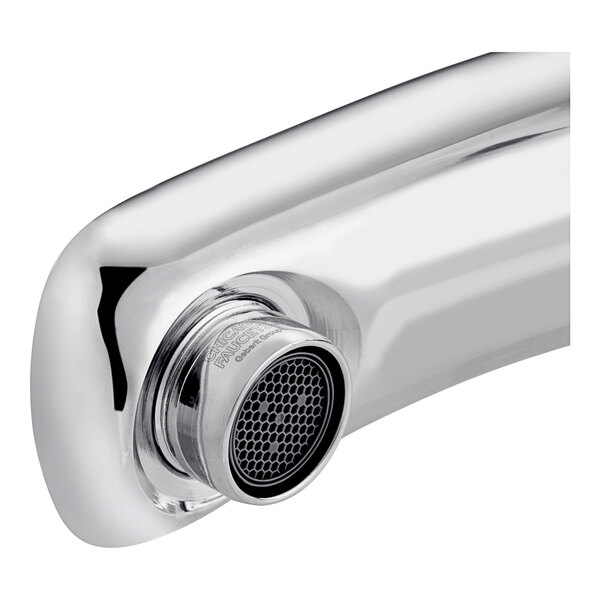 A Chicago Faucets metering faucet with a chrome finish and rigid cast brass spout.