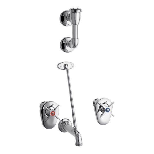 A close-up of a chrome Chicago Faucets wall-mounted mop sink faucet with two handles.