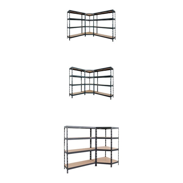 An AR Shelving boltless metal shelving unit with four fiberboard shelves.