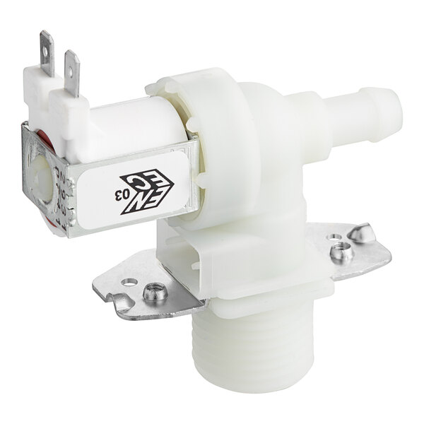 A white plastic Bunn water inlet valve with metal screws.