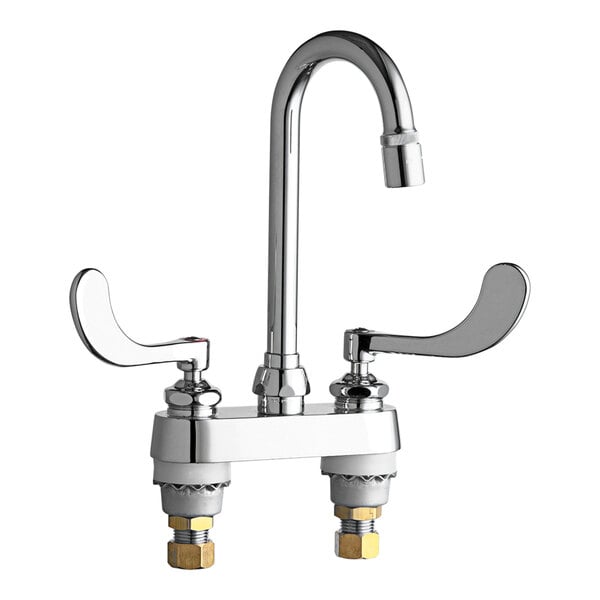 A chrome Chicago Faucets deck-mounted faucet with two handles.