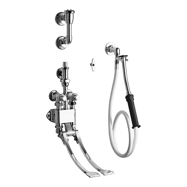 A chrome Chicago Faucets bed pan cleaner with remote pedal valve.