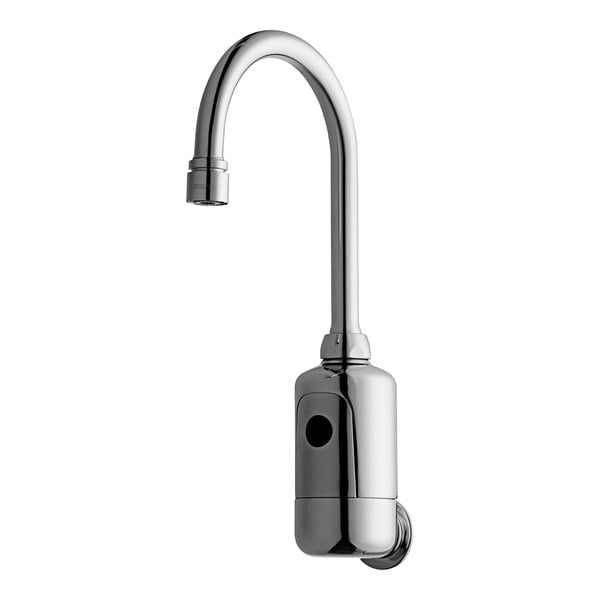 A Chicago Faucets touchless wall-mounted faucet with a gooseneck spout.