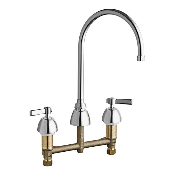 A Chicago Faucets deck-mounted faucet with two curved handles and two gooseneck spouts.