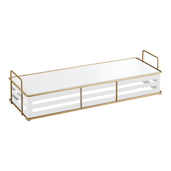 A white and gold rectangular metal display riser.