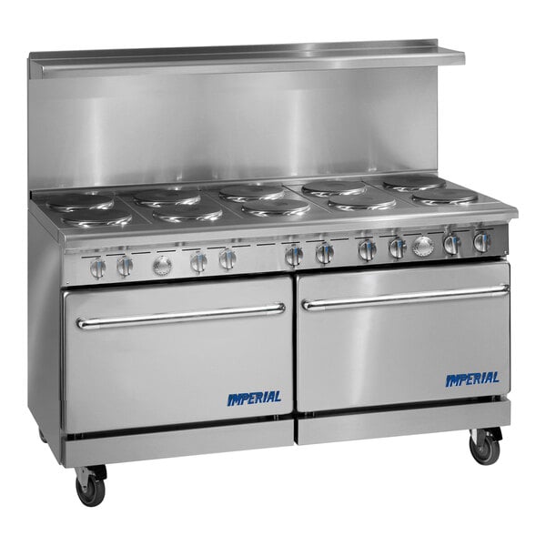 A large stainless steel Imperial Range electric range with 10 round plates and 2 convection ovens.