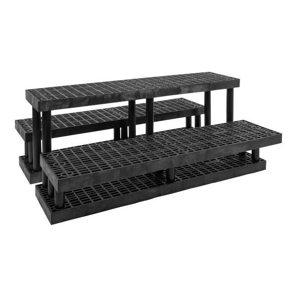 A black plastic Benchmaster end cap display with three shelves.