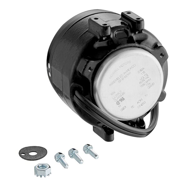 A black and silver Bunn condenser fan motor with a round ring and screws.