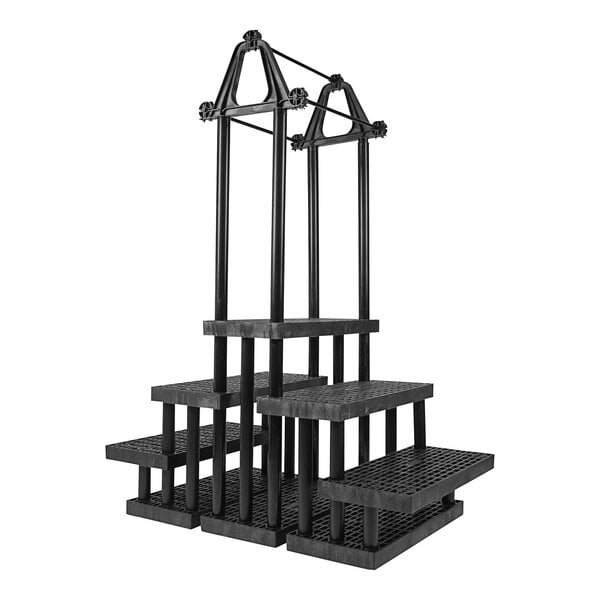 A black plastic five step pyramid display with plant hanger.