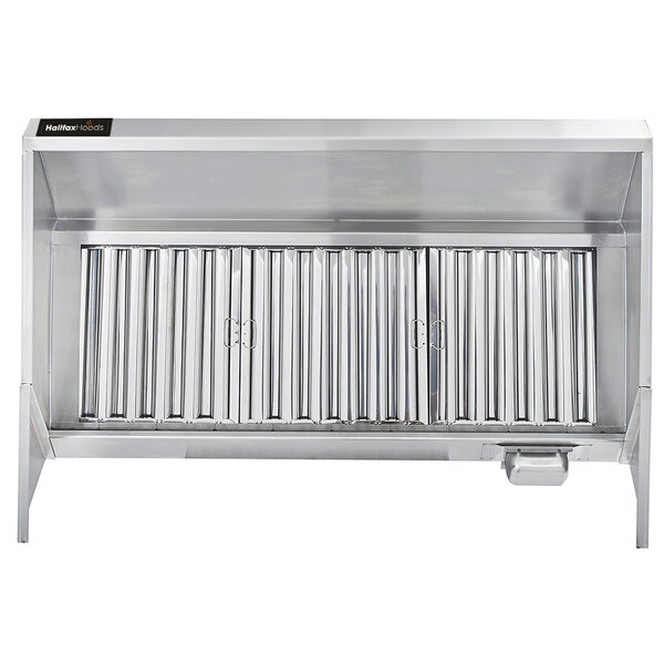 A Halifax Custom Type 1 Concession Trailer hood system with a stainless steel cabinet and lid.