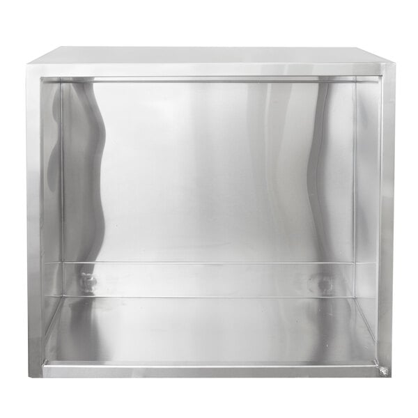 A silver stainless steel rectangular box with a lid on a white surface.