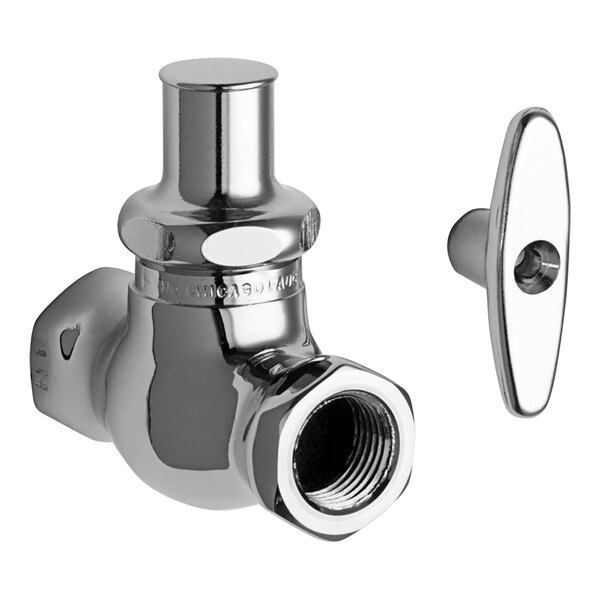 A close-up of a shiny silver Chicago Faucets straight stop with a tee handle.