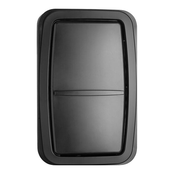 A black rectangular stainless steel baby changing station with a black handle.