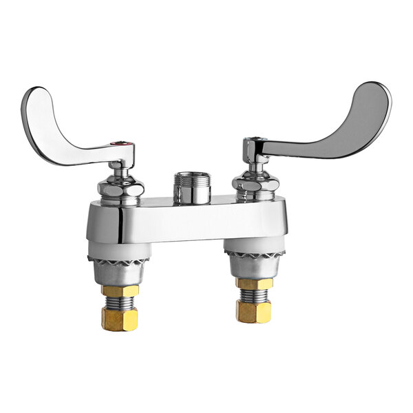 A Chicago Faucets chrome deck-mounted faucet base with 4" centers and 4" wristblade handles.